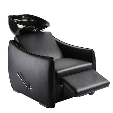 angle view of black professional salon shampoo unit with upholstered seat