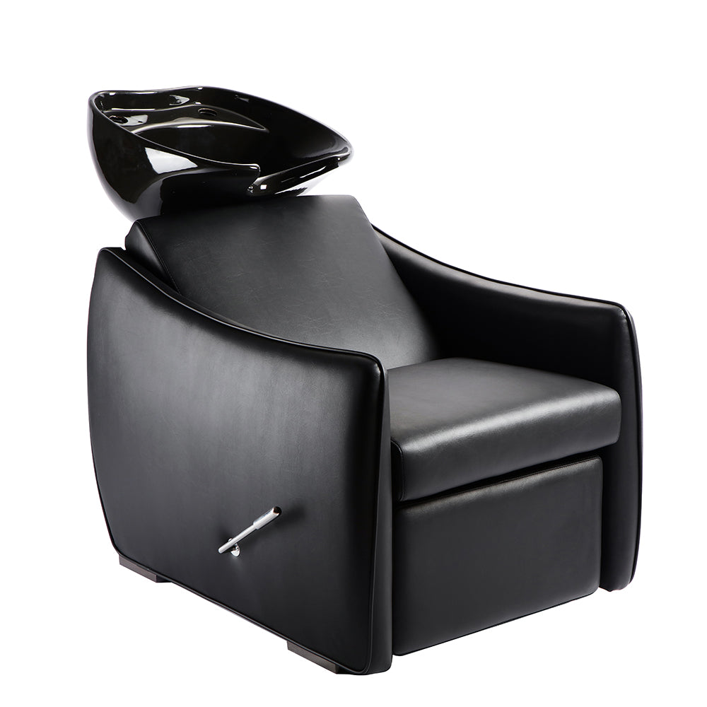 Black Leesa professional shampoo unit with tilting ceramic basin