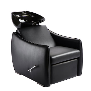 Black Leesa professional shampoo unit with tilting ceramic basin