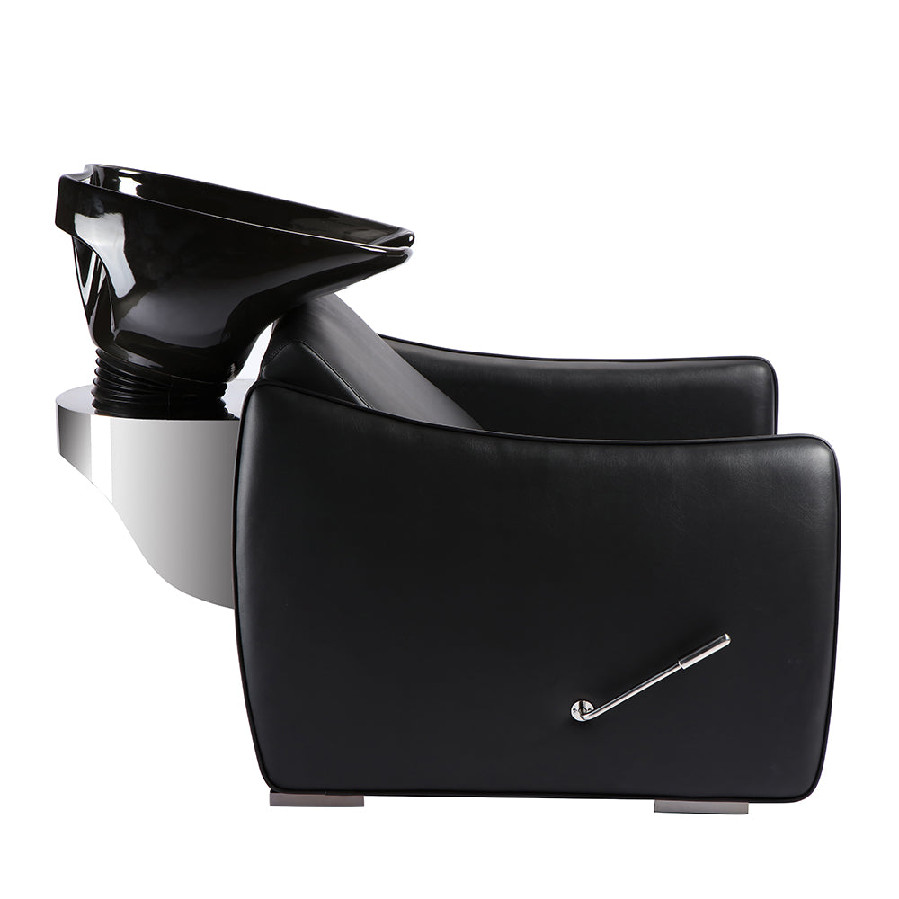 Rear view of black shampoo unit showing ceramic basin and tapware