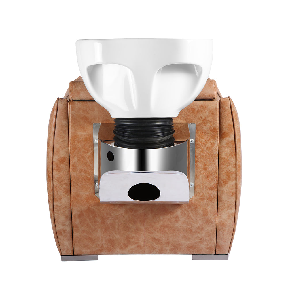 Rear angle of desert rose shampoo unit with ceramic basin and waste