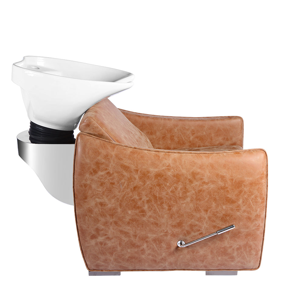 Side view of desert rose salon shampoo unit with ergonomic design