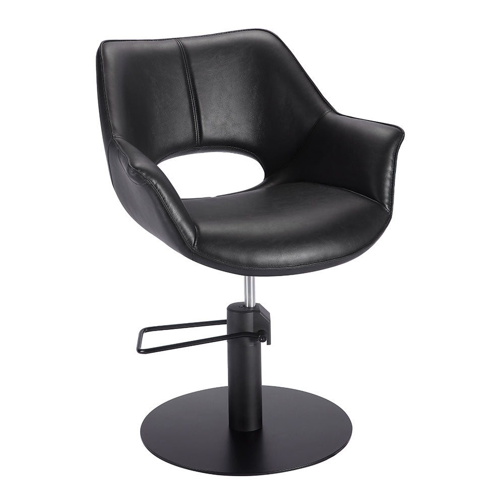 Black professional salon styling chair showing rear view with hydraulic base