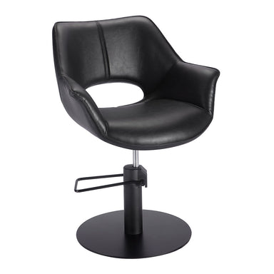 Black professional salon styling chair showing rear view with hydraulic base