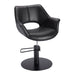 Black professional salon styling chair showing rear view with hydraulic base