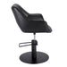 Black salon styling chair front view with ergonomic seat design