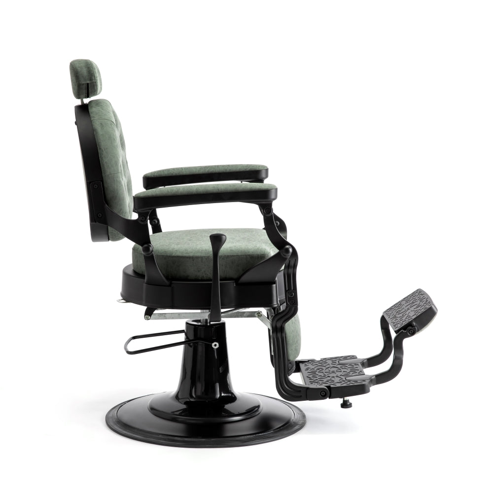 Agave upholstered barber chair side view with adjustable footrest
