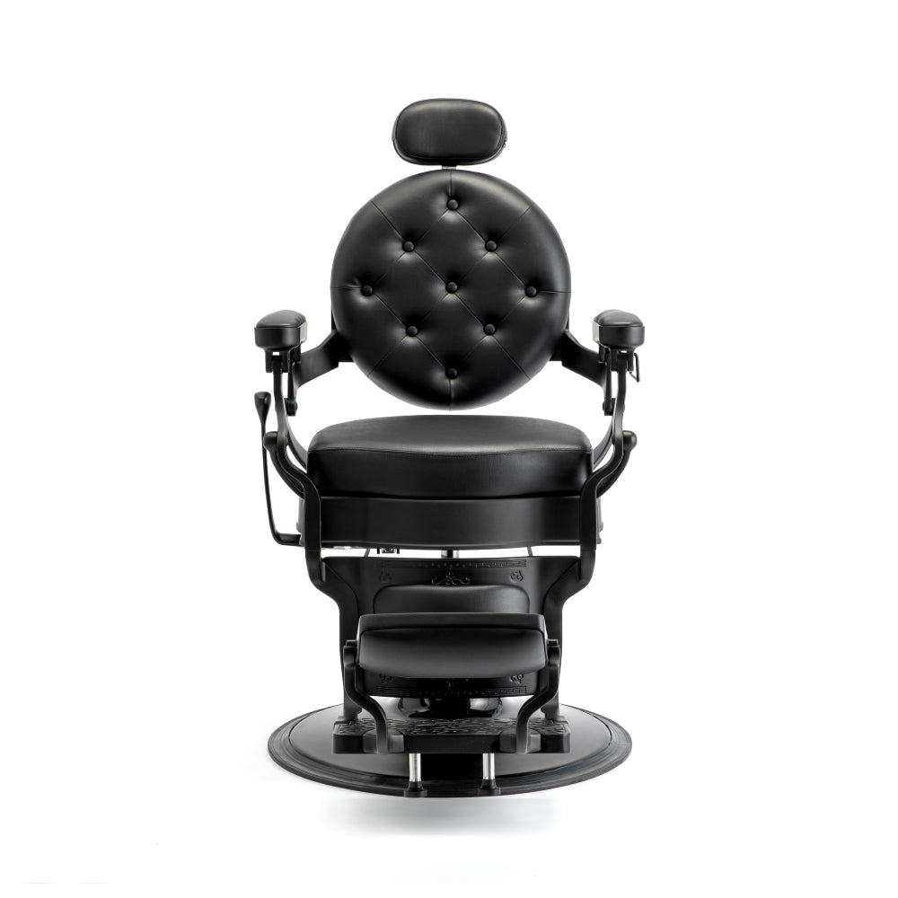 Black professional barber chair with hydraulic base front view