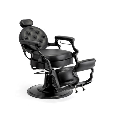 Black barber chair reclined for shaving and grooming services
