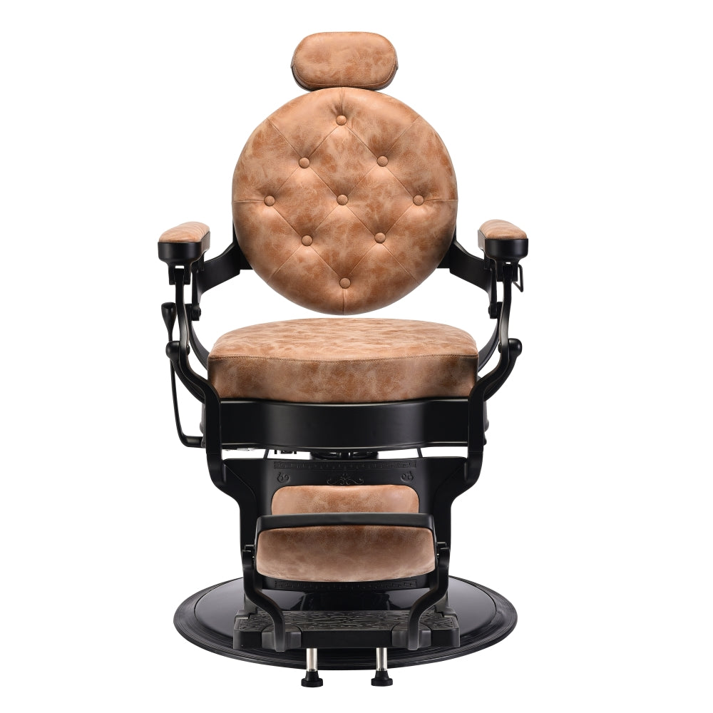 Desert tan professional barber chair front view with padded upholstery