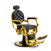 Angled view of luxury gold barber chair with disc hydraulic base