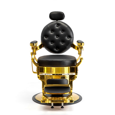 Front view of gold barber chair with black upholstery