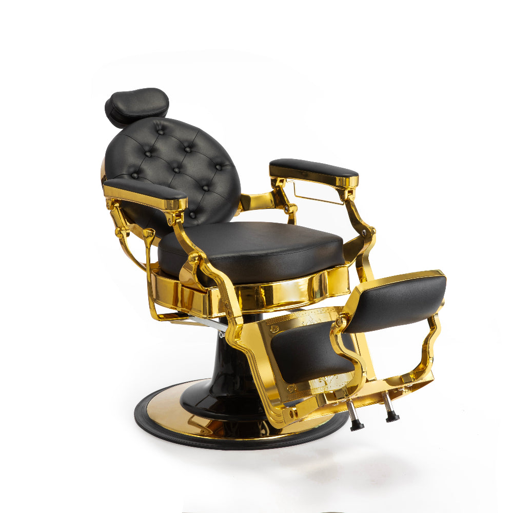 Gold barber chair shown in reclined position for professional barber services