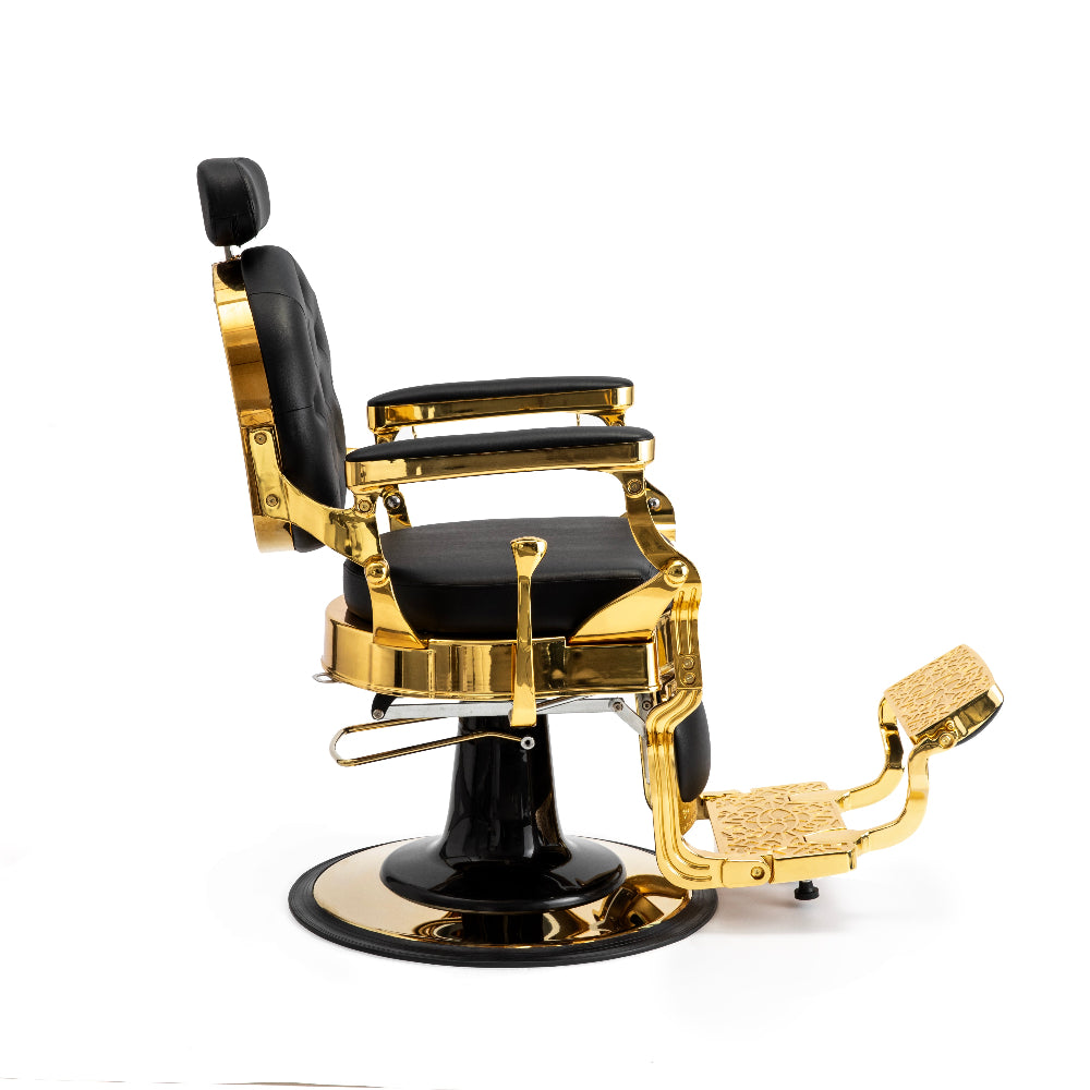 Gold professional barber chair with reclining backrest and footrest