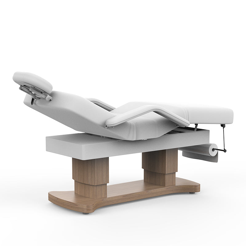 Height adjustable medical aesthetic bed with dual pillar wood base for salons