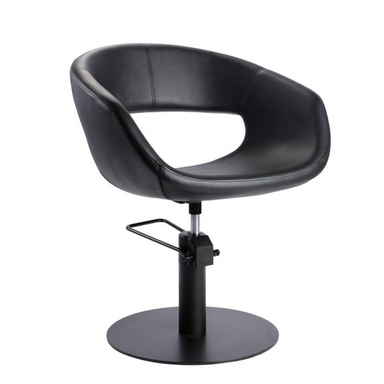 Black professional salon styling chair with hydraulic lift and modern design