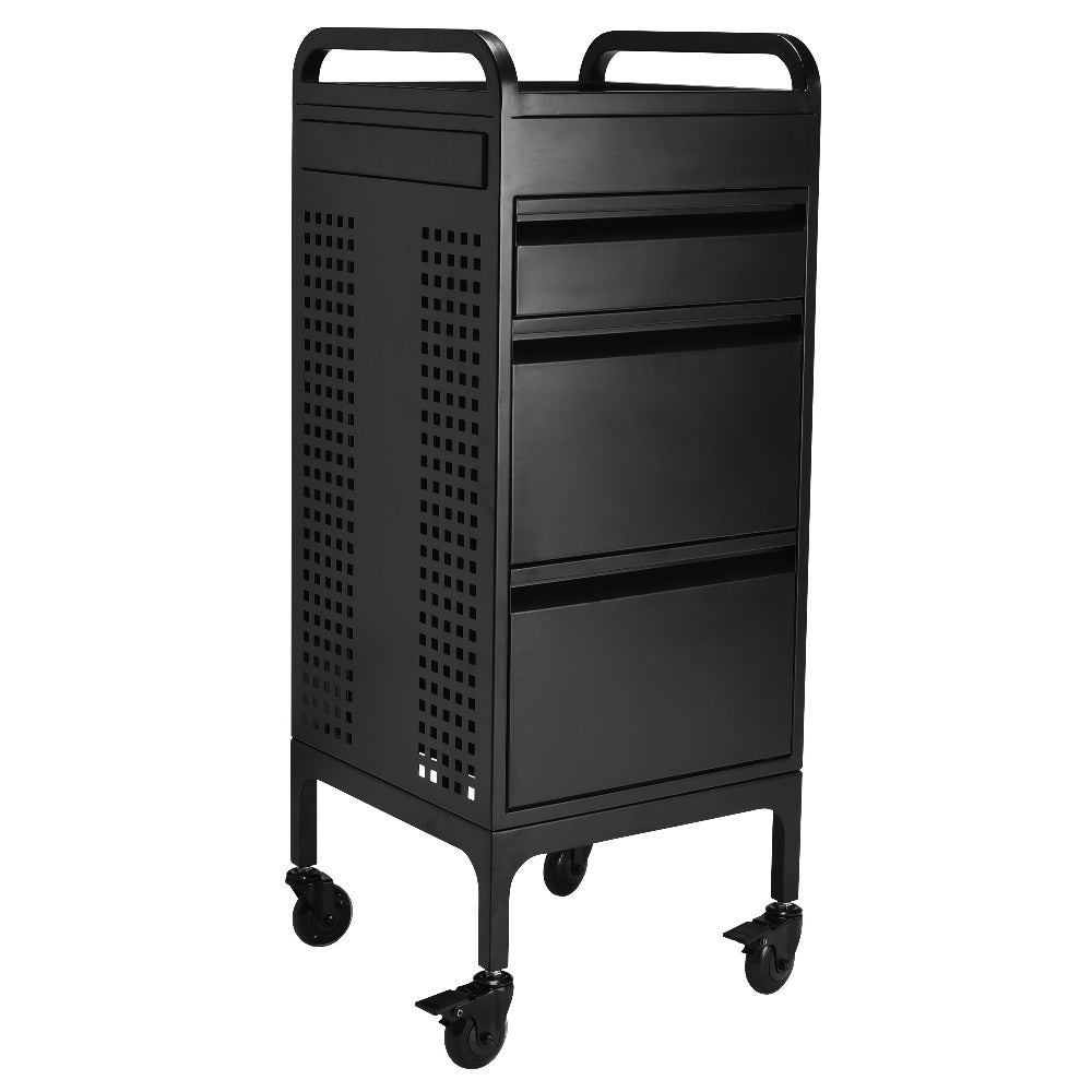 angle view of black Monti professional metal salon trolley