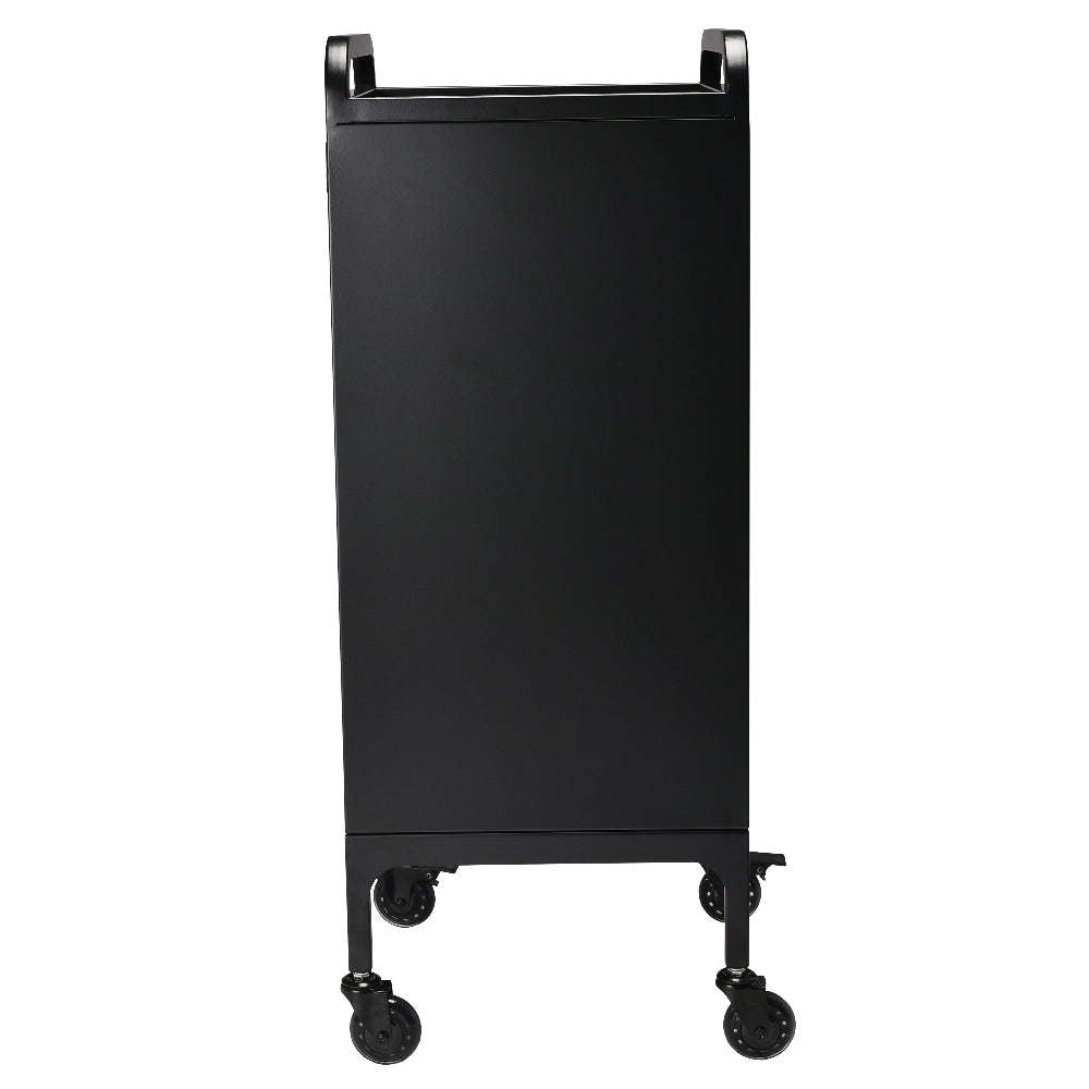 Back view of black steel salon trolley with castor wheels