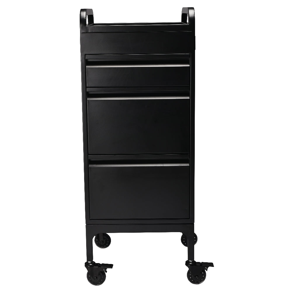 Black Monti metal salon trolley with four drawers front view