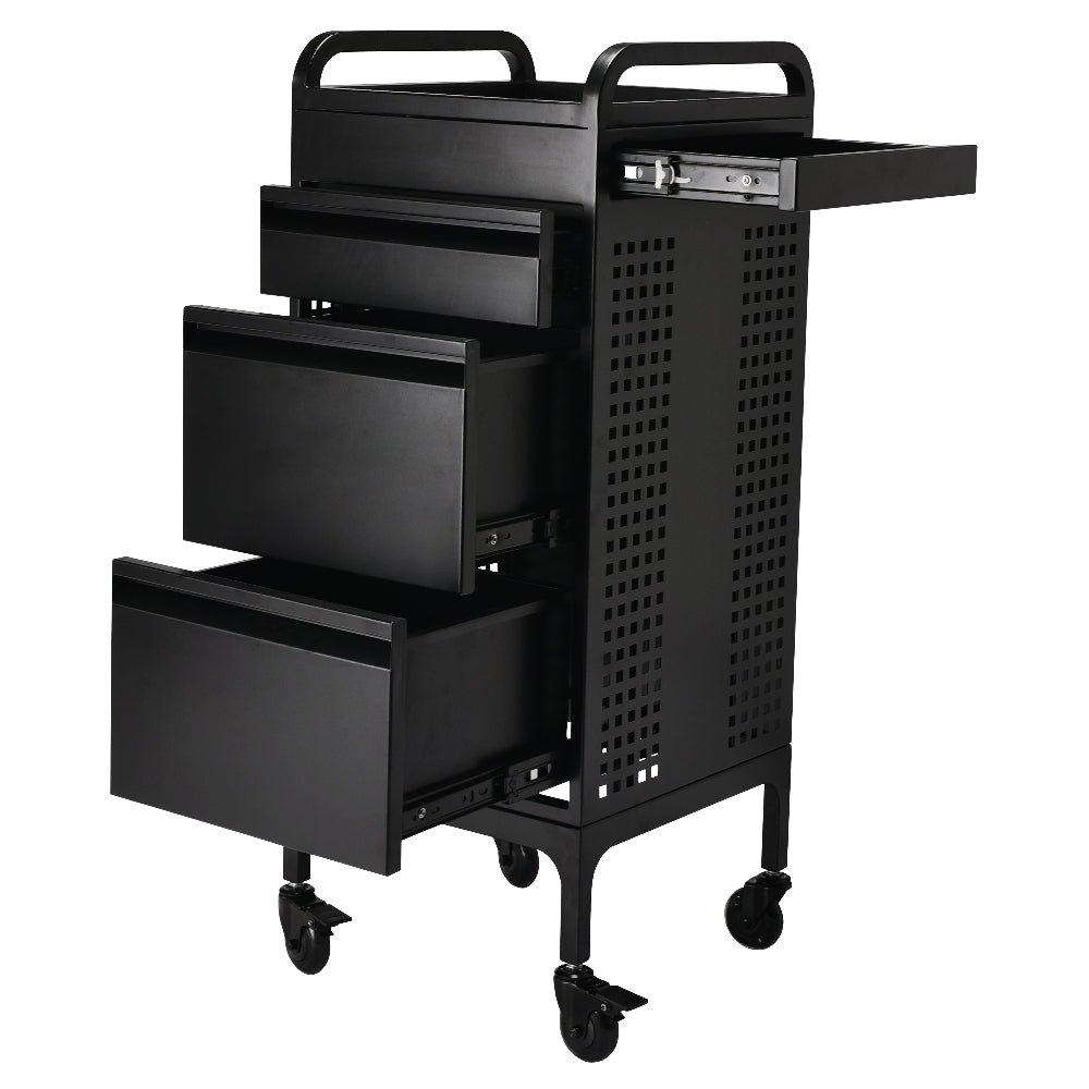 Black Monti salon trolley with drawers open showing storage capacity