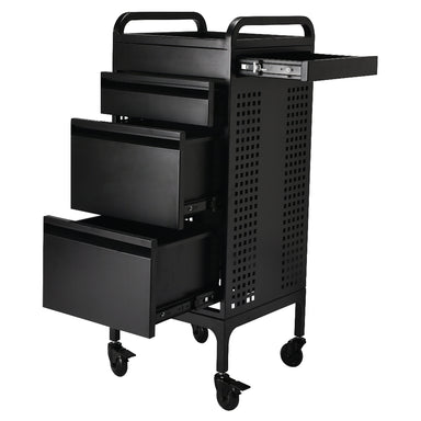 Black Monti salon trolley with drawers open showing storage capacity