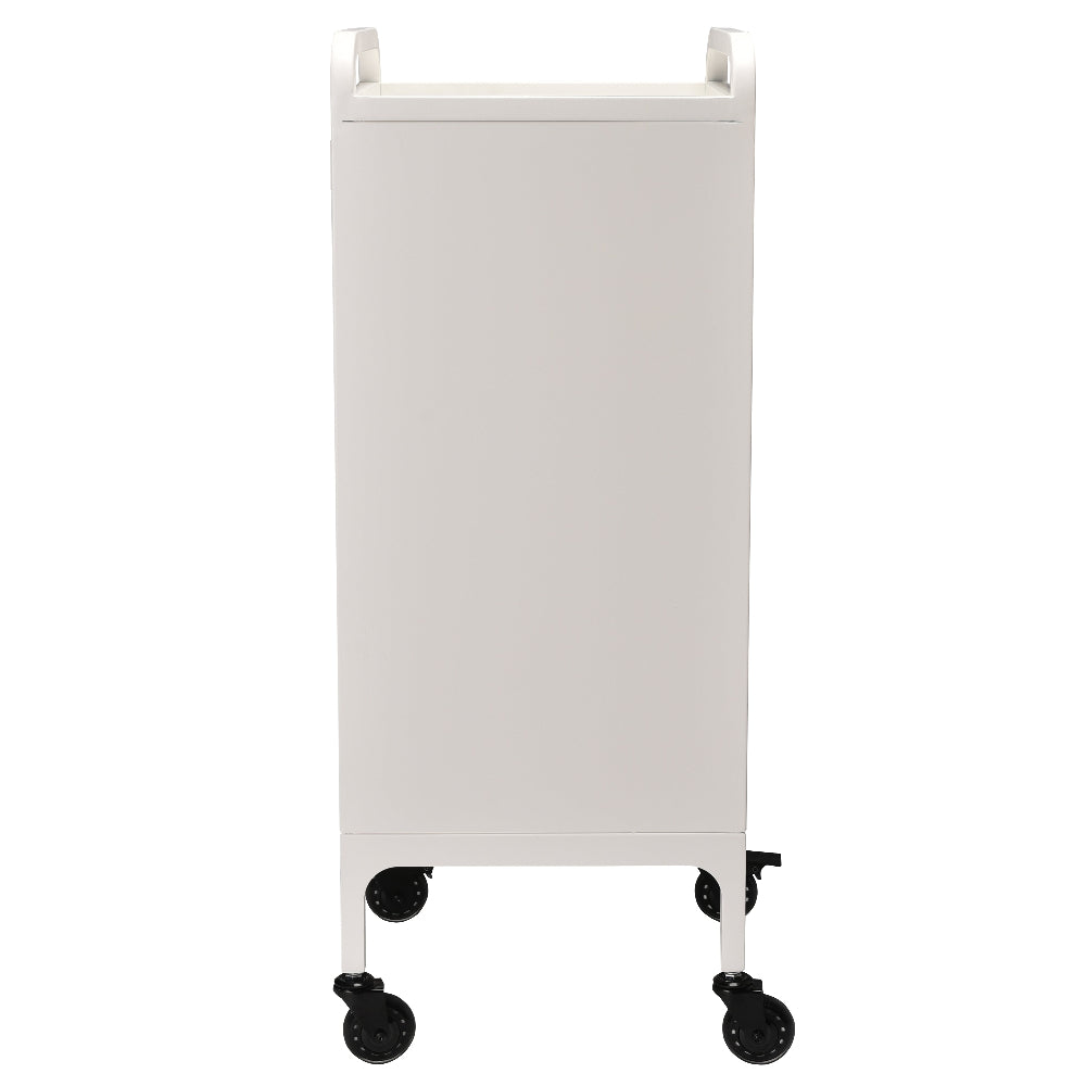 Back view of white steel salon trolley with smooth rolling wheels