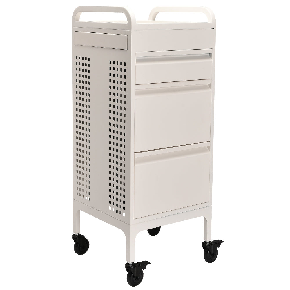 Side view of white professional metal salon trolley