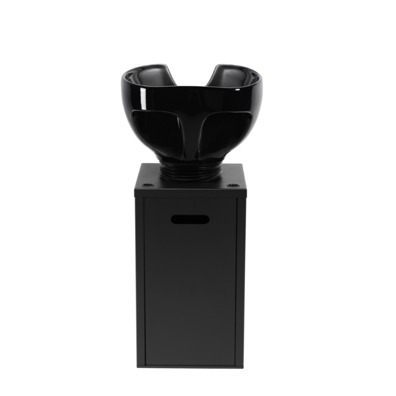 Black Coral ceramic basin on black pedestal shampoo unit back view