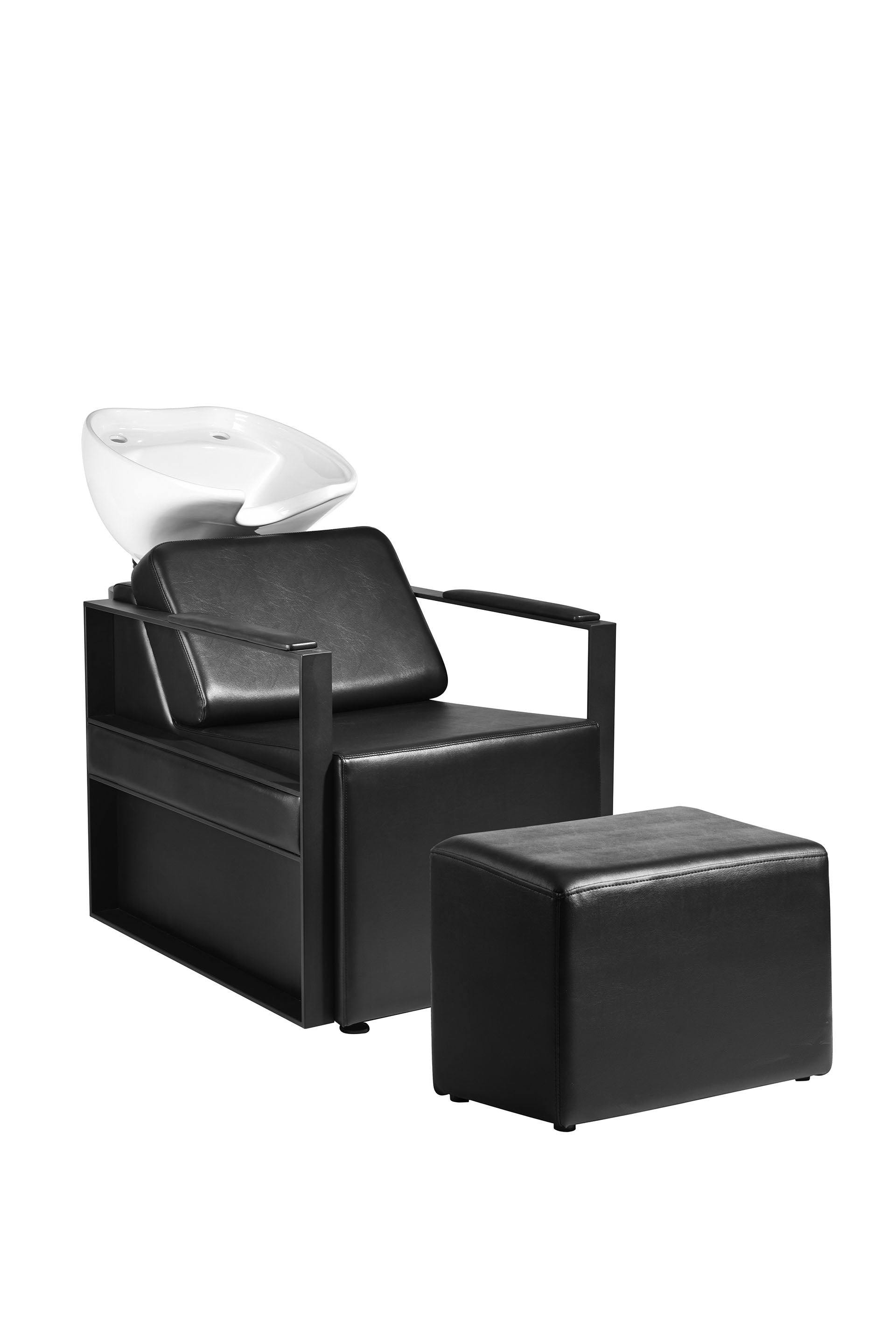 Professional black salon shampoo unit with matching upholstered ottoman leg rest
