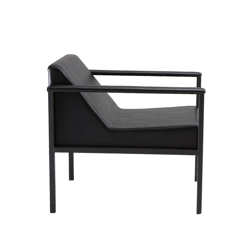 Side view of the Phoebe black vinyl salon chair showing superior stitching and sleek frame