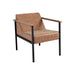 Matching Phoebe salon styling chair in desert tan vinyl with black metal frame front view
