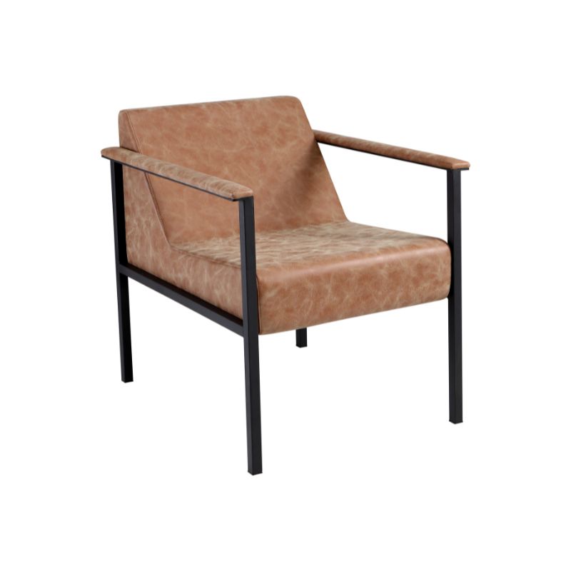 Matching Phoebe salon styling chair in desert tan vinyl with black metal frame front view