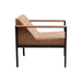 Side view of the tan Phoebe Lounge seat showing the ergonomic slope and black metal frame