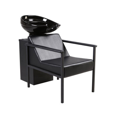 Professional Phoebe shampoo unit backwash station with black vinyl seat and black ceramic basin