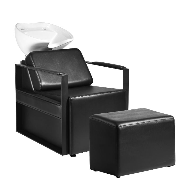 Phoebe shampoo unit in black vinyl with white tilting ceramic basin and matching black footrest