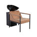 Phoebe hair washing station featuring desert tan vinyl upholstery and a black tilting basin