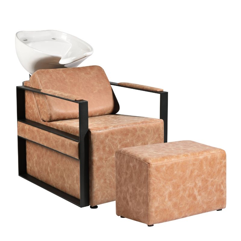 Phoebe shampoo unit in desert tan upholstery with white ceramic basin and matching tan footrest