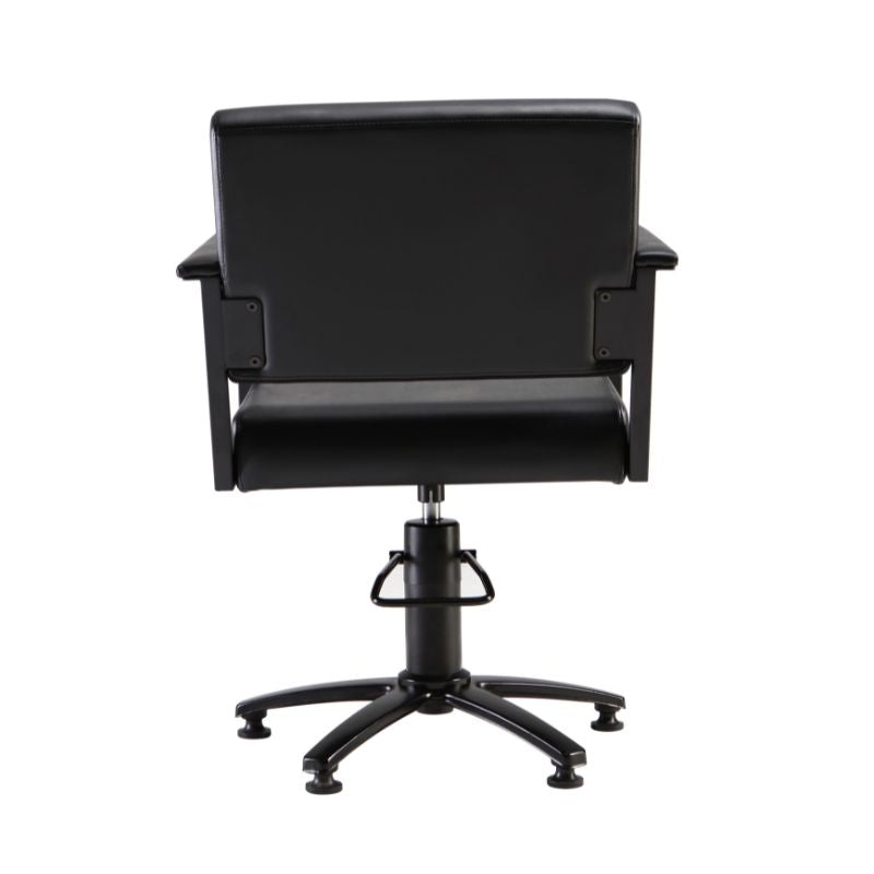 Rear view of black salon styling chair with supportive backrest