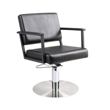 Black salon styling chair with flat round base for professional use