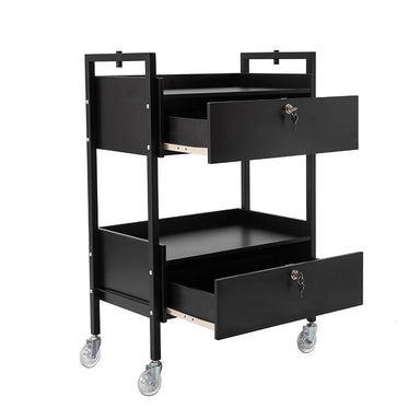 Black salon trolley showing two open drawers for tool storage
