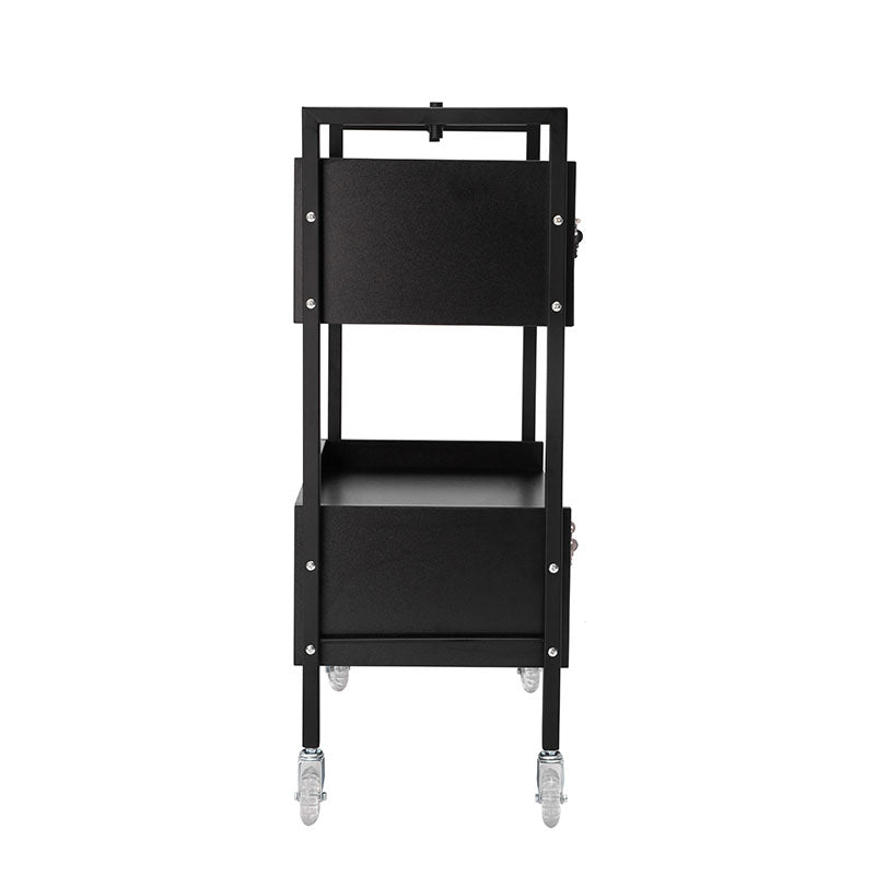 Side view of black professional salon trolley with two drawers