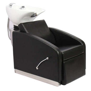 Salon backwash station with tilting ceramic basin and comfortable padded seat