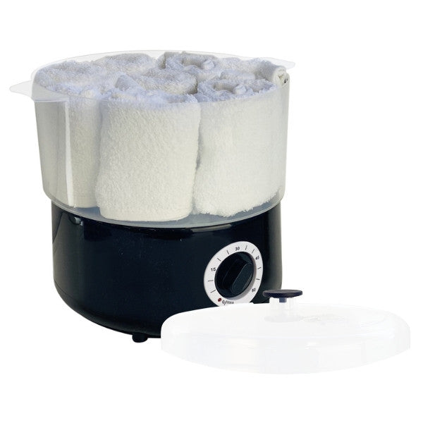 Mini towel steamer with lid removed showing internal towel capacity and black base