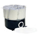 Mini towel steamer with lid removed showing internal towel capacity and black base