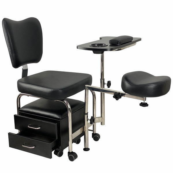 Joiken 2-in-1 salon stool featuring the adjustable swivel manicure table with integrated handrest and bowl