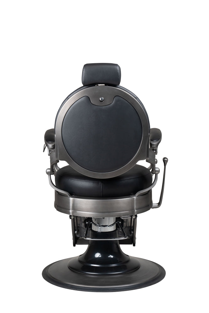Back view of gun metal barber chair with black upholstery