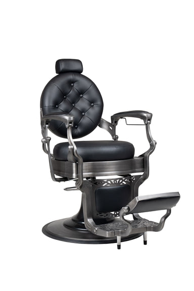 Professional barber chair in gun metal finish shown from front angle