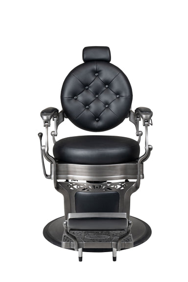 Gun metal professional barber chair with reclining backrest and hydraulic base