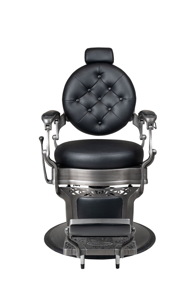 Gun metal professional barber chair with reclining backrest and hydraulic base