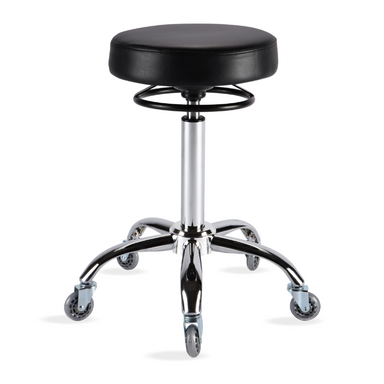 Black professional round salon stool with chrome base and adjustable height